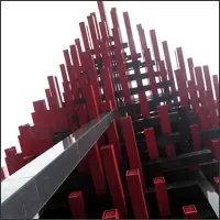 Upward view into the Guotai Arts Center structure with layered red beams against the sky