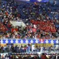 Crowd of Roger Federer fans dressed in Swiss colors, waving flags and cheering loudly from the stands